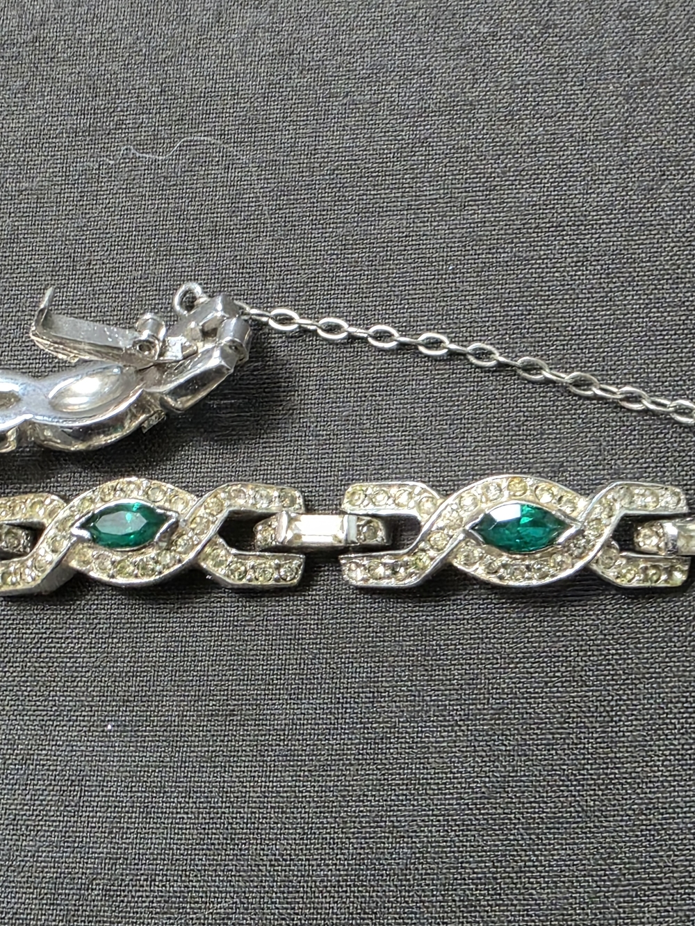 Estate - Silver-Tone Tennis Bracelet - Green Stones - Secure Chain - 448